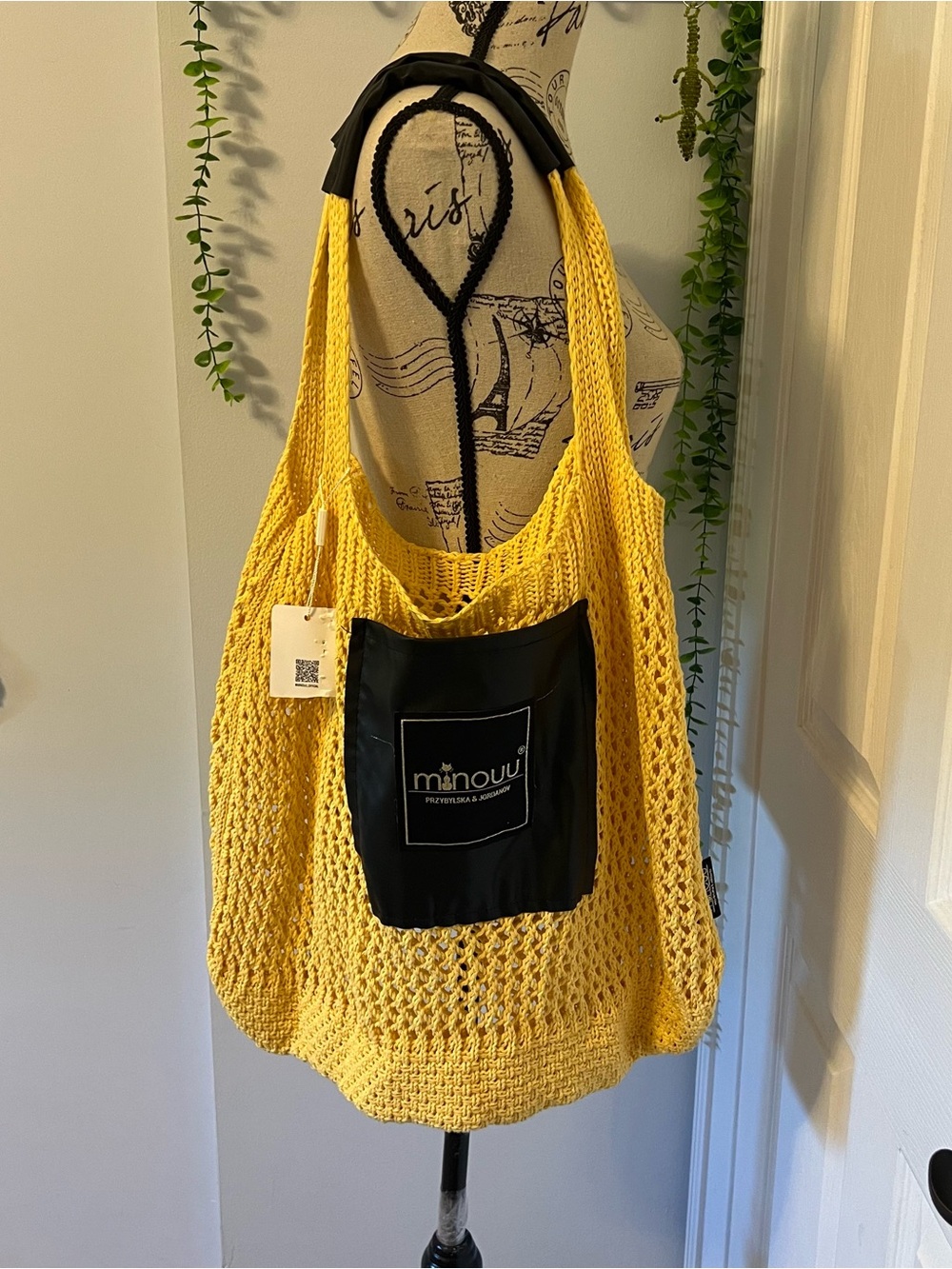 Manoul Yellow Knit Tote with Front Black Pocket